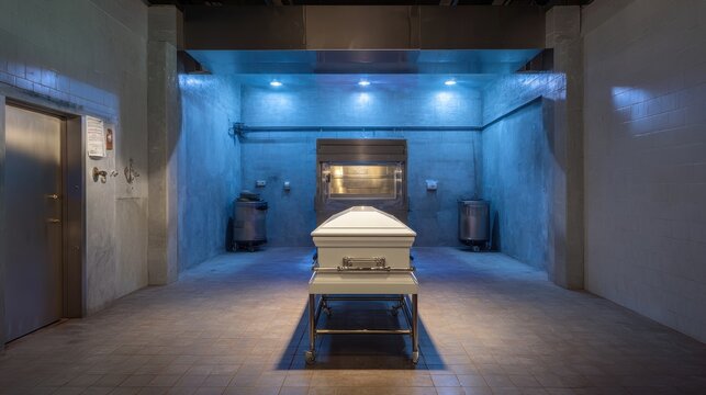 Coffin on a steel cradle inside a crematorium chamber under soft, solemn lighting