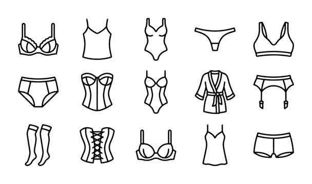 Lingerie Icons Set, Delicate Underwear Line Art Collection, Fashionable Apparel Vector Graphics