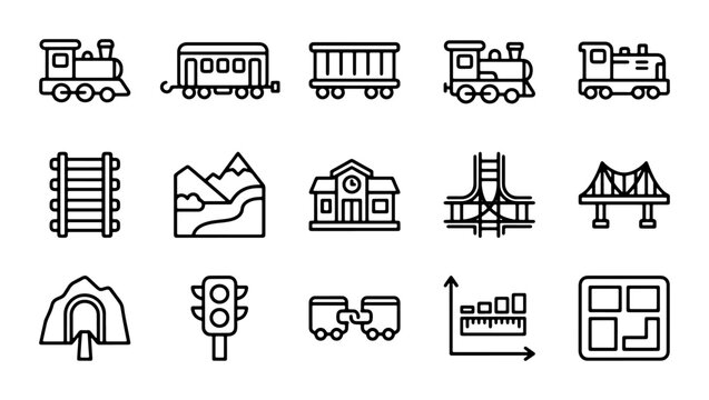Train Icons Set, Railway Transport Vector Graphics, Locomotive & Station Symbols, Travel & Logistics Elements