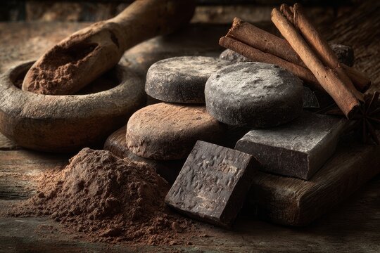 Close-up of tablea chocolate and cinnamon on a rough wooden board in warm rustic light