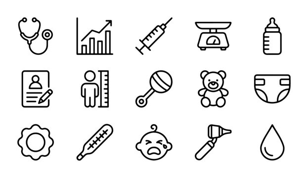 Baby Health Icons Set, Pediatric Medical Symbols, Child Care Vector Graphics, Healthcare Collection