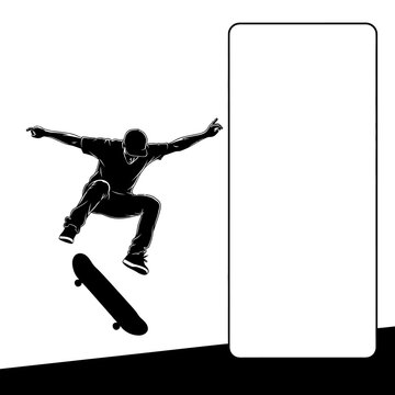 Silhouette skateboarder performing trick near smartphone screen
