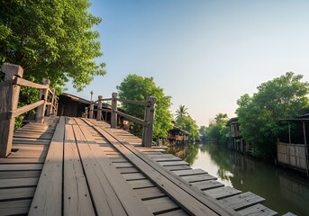 Fototapeta premium This is an image showing a view of a wooden bridge over