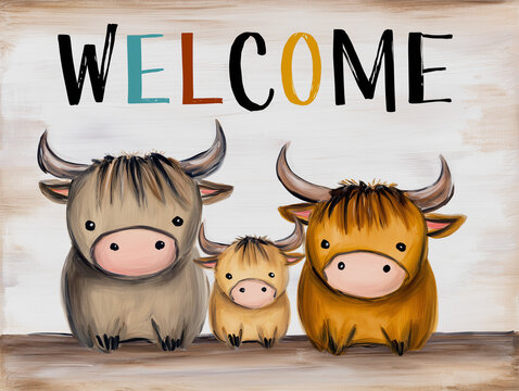 Bunte Cartoon-K&uuml;he unter dem Schriftzug &bdquo;Welcome&ldquo;. Fr&ouml;hliche Kinderillustration f&uuml;r Begr&uuml;&szlig;ung, Kindergarten, Schule, Bauernhof, Tiere und kindgerechtes Design.