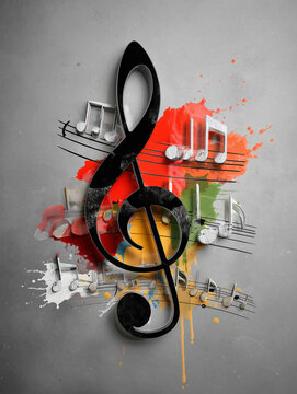 K&uuml;nstlerische Musikillustration mit Violinschl&uuml;ssel, Noten und farbigen Spritzern. Kreatives Design f&uuml;r Musik, Klang, Kunst, Komposition und moderne Medien.