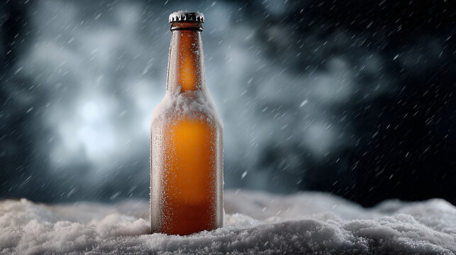 Eiskalte Bierflasche mit Kondenswasser in winterlicher Eislandschaft. Erfrischendes Getr&auml;nk, K&auml;lte, Frische und Genusskonzept mit dramatischer Beleuchtung.