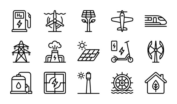 Renewable Energy Icons Set: Sustainable Power, Green Technology, Eco-Friendly Solutions