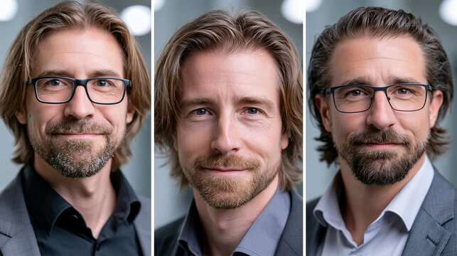 Drei Portr&auml;ts von M&auml;nnern mit Brillen und B&auml;rten nebeneinander vor grauem Hintergrund
