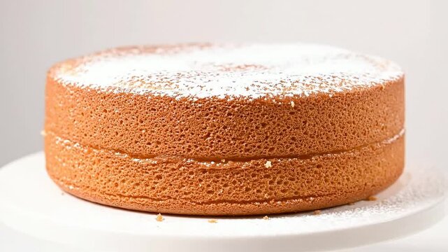 Fluffy Sponge Cake Dusted With Powdered Sugar on White Pedestal Against Plain Background