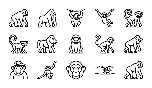 Monkey Icons Set, Primate Vector Graphics, Animal Silhouettes Collection, Wildlife Line Art