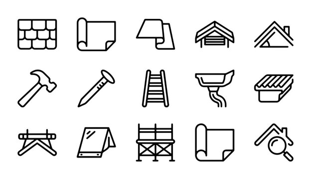 Roofing Construction Icons Set, Building Materials and Tools Vector Graphics, Architecture Elements Collection