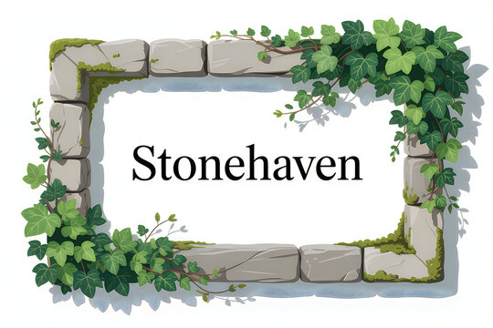 Decorative stone frame with green ivy leaves and the word Stonehaven in the center