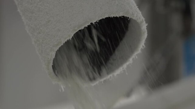 plastic granules and shredded material pour out from industrial plastic grinding machine exhaust pipe