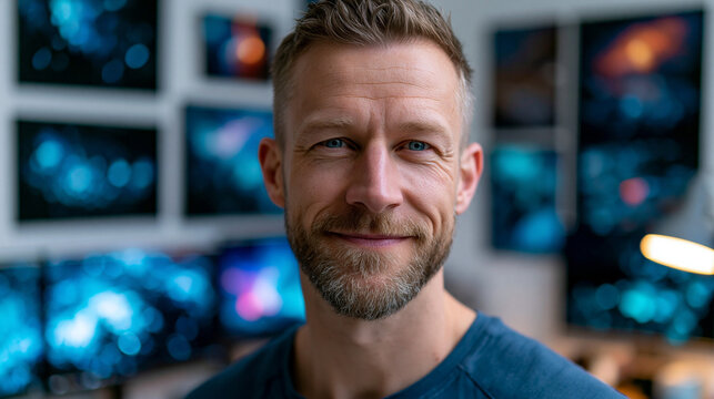 Portr&auml;t eines l&auml;chelnden Mannes mit kurzem Haar in einem Raum mit mehreren leuchtenden Computerbildschirmen im Hintergrund.