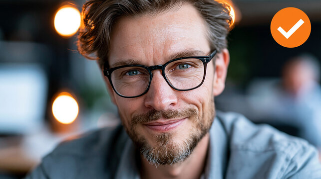 Ein l&auml;chelnder Mann mit Brille und Dreitagebart in einem modernen B&uuml;ro.