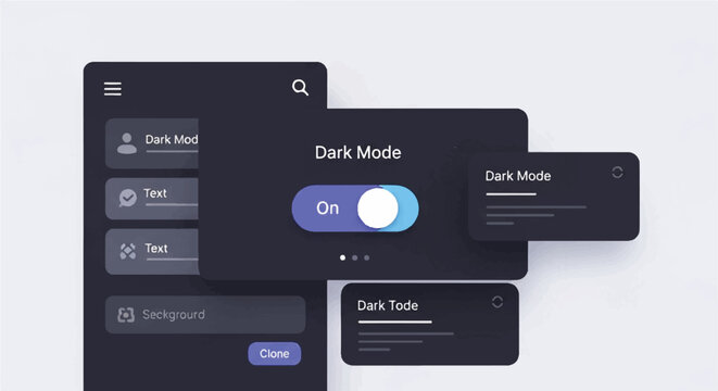 Dark mode interface toggled on multiple screens with settings