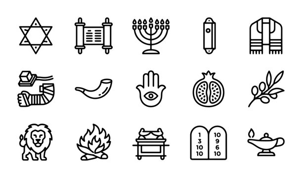 Jewish Religious Symbols Icons Set, Star of David, Menorah, Torah Scroll, Hamsa, Shofar