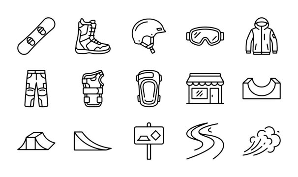 Snowboarding Gear and Park Elements, Winter Sports Icons, Action Equipment Set