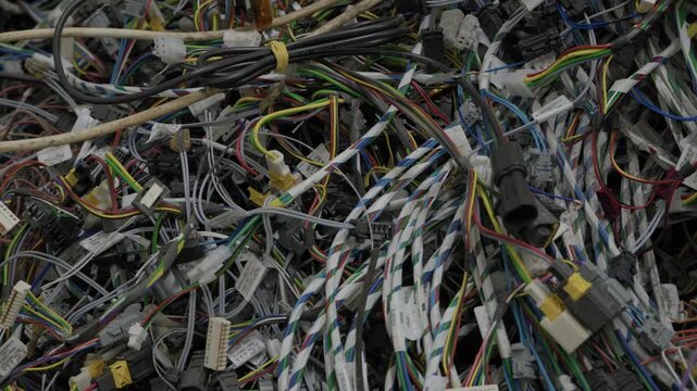 Overhead close up of dense tangled mass of colorful automotive wire harnesses and connectors for recycling