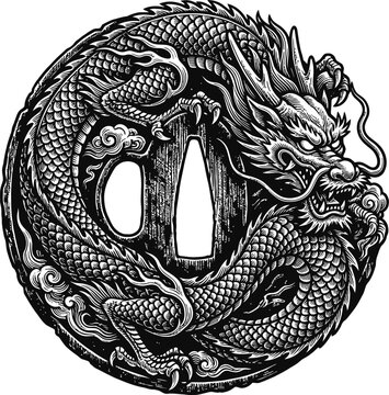 Intricate dragon tsuba design, Japanese sword guard ornament, mythical creature motif, traditional metalwork detail