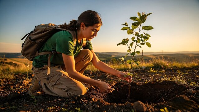 Backpack hiker girl in ecological project, young green tree and soil, environmental reforestation volunteer effort. Suitable for environmental campaigns.