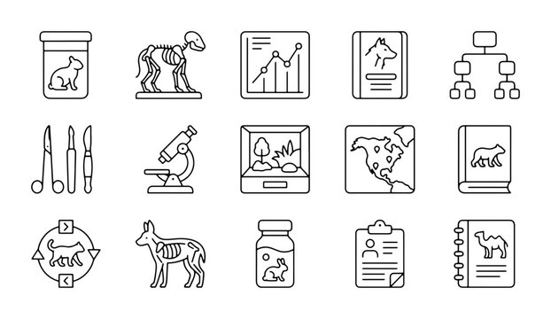 Veterinary Science Icons Set, Animal Anatomy & Research Graphics, Medical Study Vector Collection