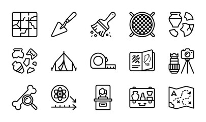 Archaeology Icons Set: Digging Tools, Artifacts, Fossils, Maps, Tent, Camera, Museum Display © AlAmin
