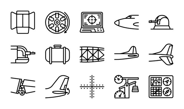 Aircraft Parts & Aviation Technology Icons: Jet Engine, Fuselage, Cockpit, Radar, Instruments