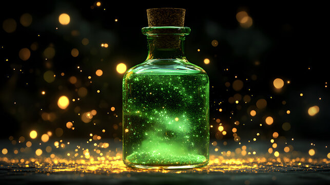Mysterious magic potion glowing green liquid glass bottle forest environment alchemy witchcraft