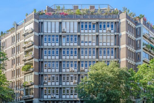 Residential Apartment Building Facade, Modern City Architecture, Penthouse Balcony, Exterior Urban Real Estate