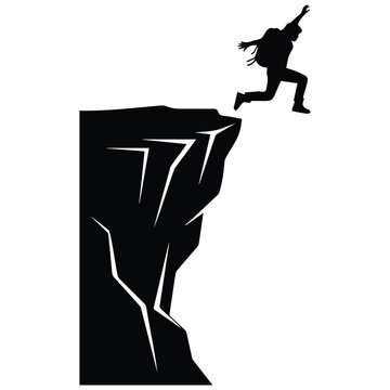 Person jumping from cliff edge silhouette vector with backpack for extreme adventure sport.