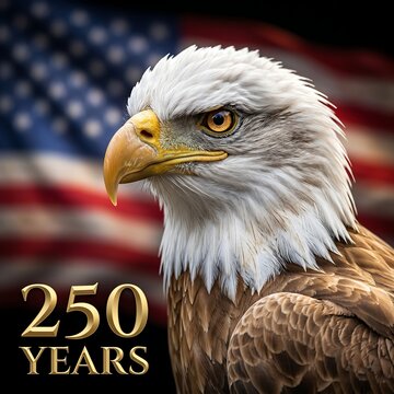 Bald eagle in front of American flag 250 years