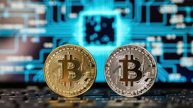 Gold and silver bitcoin coins on electronic circuit background