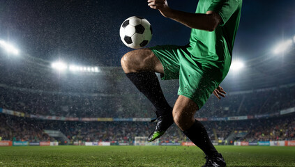 Naklejka premium Soccer player knee juggling ball under stadium floodlights. Concept of technical skill, freestyle training, sportswear campaign, match media, and athlete performance.