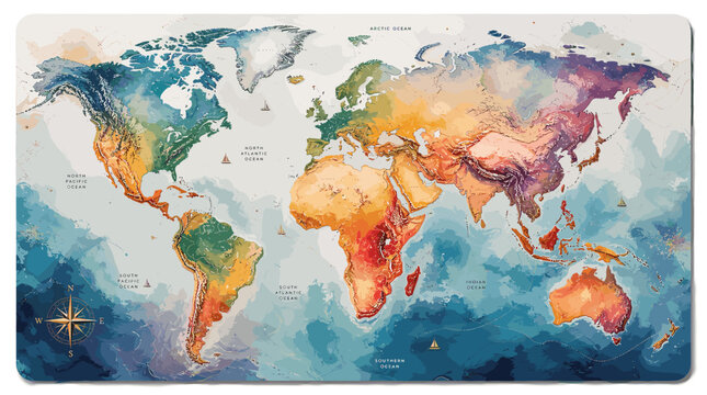 Artistic watercolor world map with vibrant colors depicting continents and oceans, featuring a compass rose.