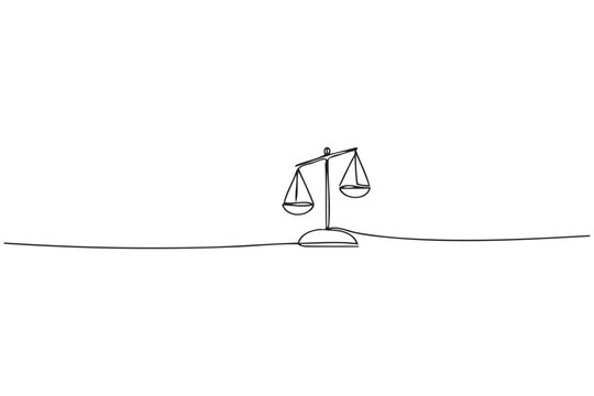 Continuous line drawing of unbalanced legal scales of justice with unbalanced judgment fairness inequality minimalist continuous illustration attorney litigation courtroom imbalance