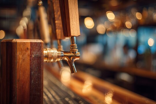 Close-up of a wooden beer tap handle in a bar with a blurred background