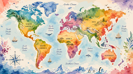A vibrant watercolor world map illustration featuring continents, oceans, and decorative elements like compasses and sailing ships. © megulung