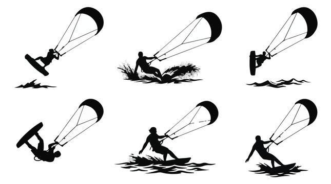 Black silhouettes of people parasailing and surfing on the water