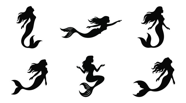 Collection of black silhouette mermaid icons