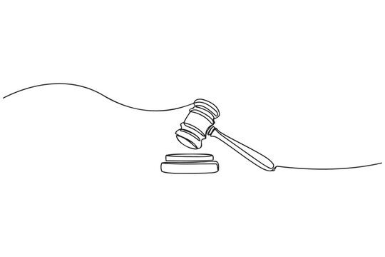 Continuous line drawing of a wooden judge gavel resting on a sounding block with decision minimalist continuous illustration authority judgment solicitor legislation punishment constitutional