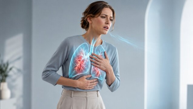 Woman suffering from shortness of breath with glowing lungs visualization. Patient experiencing chronic respiratory disease or asthma attack. Clinical concept of internal organ health.