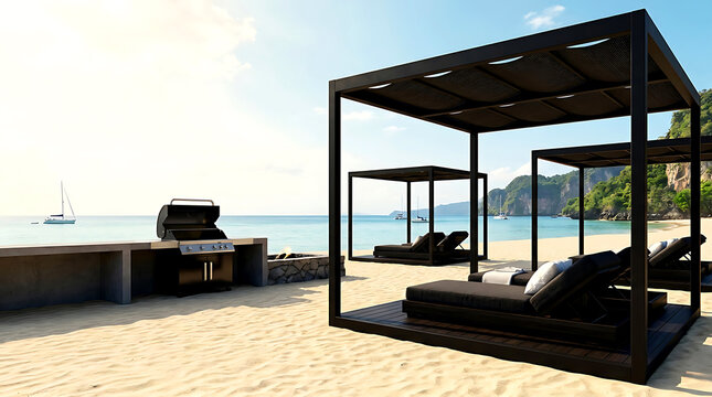 Luxury beach cabanas with lounge beds on a tropical shore