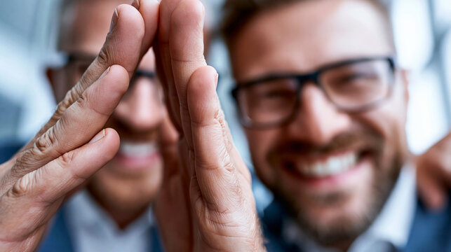 Zwei l&auml;chelnde M&auml;nner mit Brille geben sich eine High-Five-Geste und strecken ihre H&auml;nde in die Kamera.