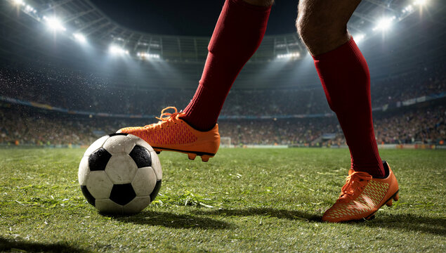 Soccer player stopping ball with orange footwear in stadium. Concept of match control, sportswear campaign, tactical pause, football training, and arena advertising layout.