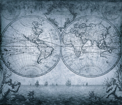 Antique world map collage with vintage paper texture, artistic ollage inspired by old cartography of the 18 century. Old geographical map background.