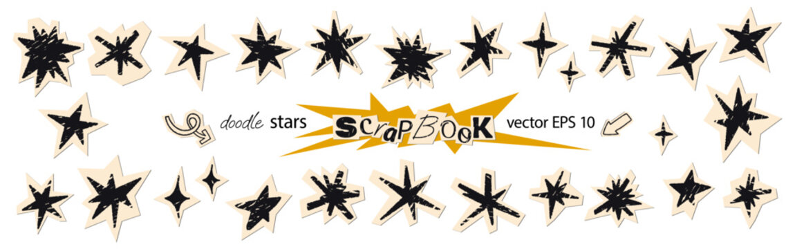 Collage scrapbook stars set. Cut out of paper hand drawn crayon doodle irregular stars, clipping shapes collection Grunge funky element for mixed media design Vector illustration stickers kit isolated