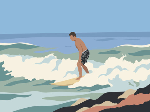 Illustration of a shirtless man surfing on a wave with rocky shoreline in the foreground and ocean in the background.