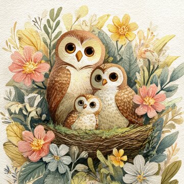 Cozy Owl Family Nest Scene with Spring Flowers