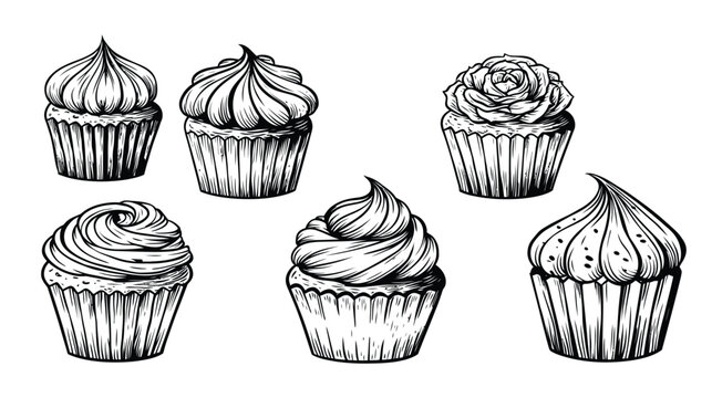 Cupcake illustration with six cupcakes and various frosting designs